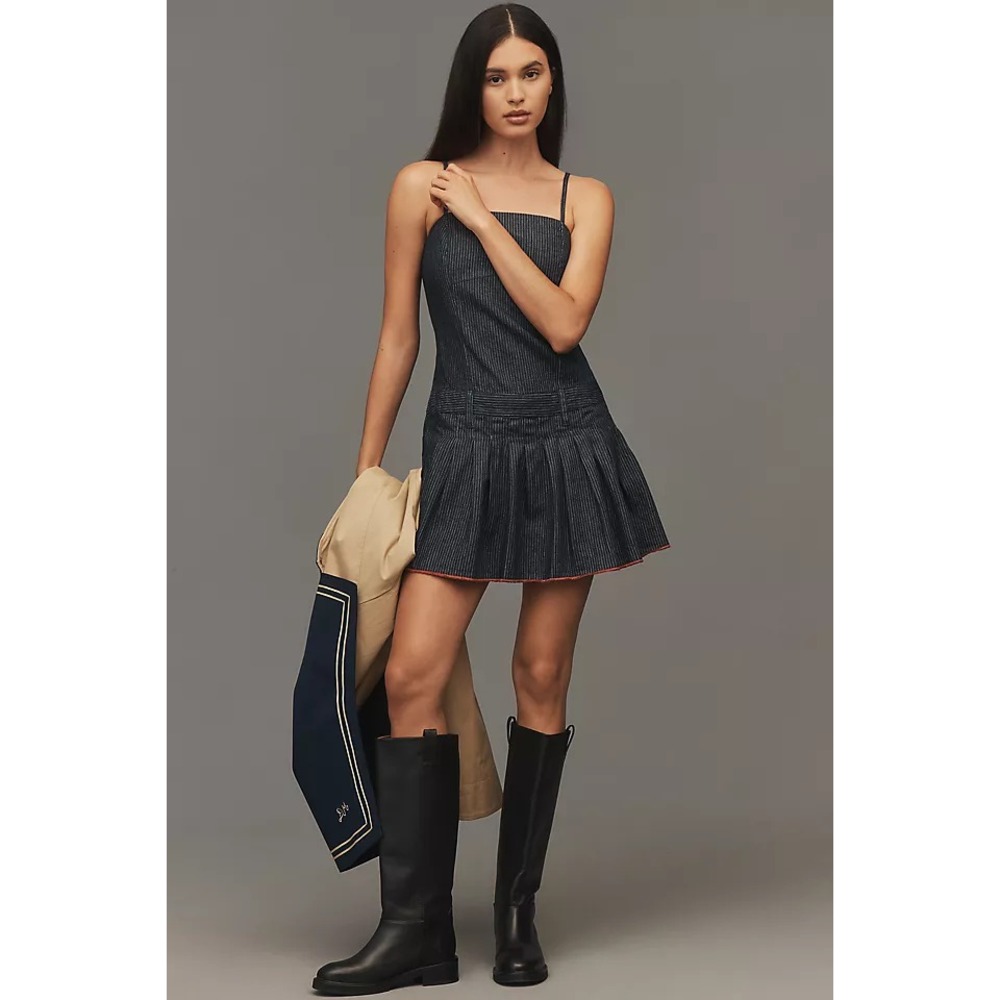 NWT Pilcro by Anthropologie Navy Pinstripe Denim Pleated Mini Romper 4